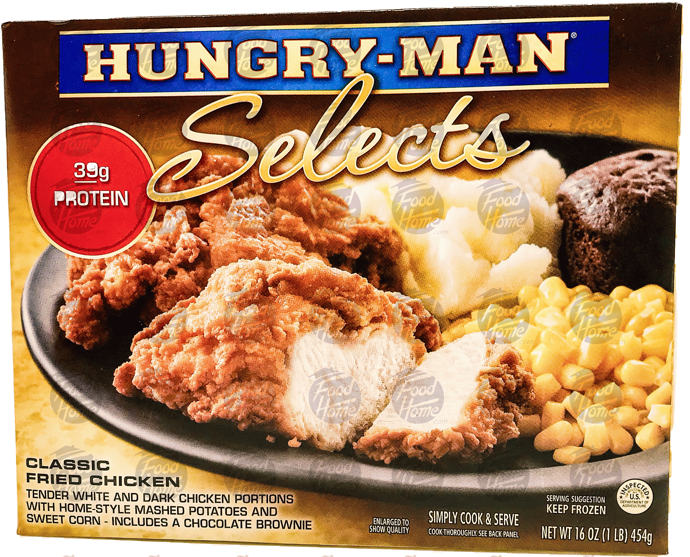 Hungry-Man Selects classic fried chicken w/ home-style mashed potatoes and sweet corn, includes an chocolate brownie Full-Size Picture